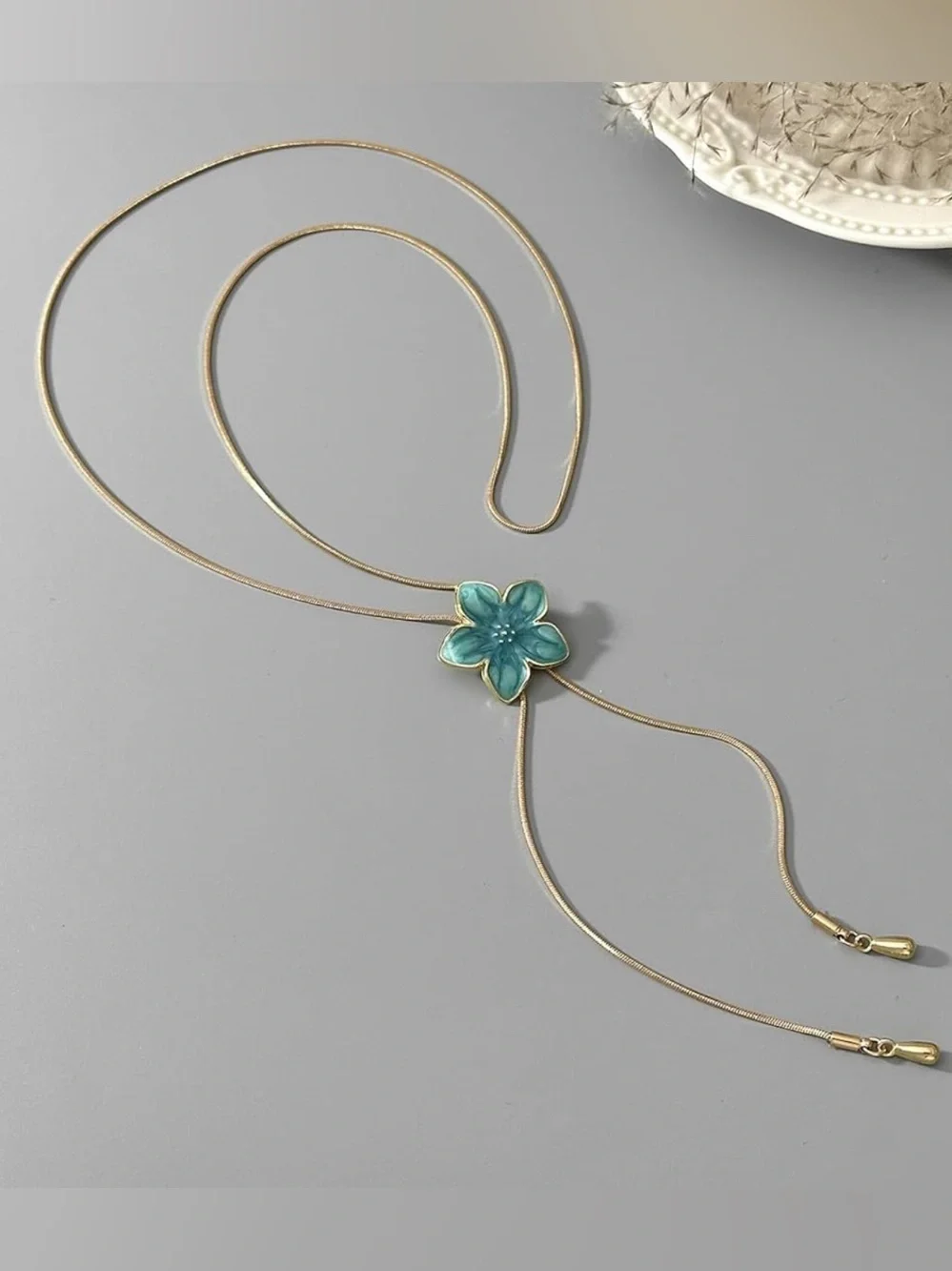 Gold Y Lariat Long Boho Necklace with Blue Flower Pendant